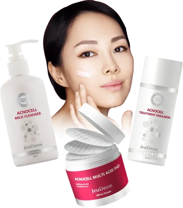 Línea Acnocell de JeuDerm con modelo: limpiador, emulsión y pad multiácido